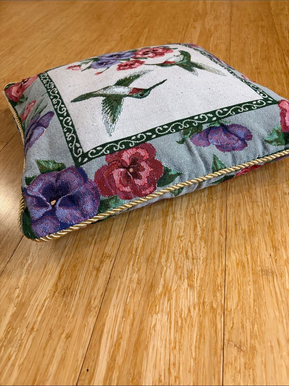 Vintage Hummingbird Tapestry Throw Pillow Floral Border 18x18 cottagecore